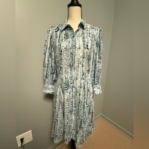 Theory Blue and White Volume Silk Mini Shirt Dress in the Cascade Block Print